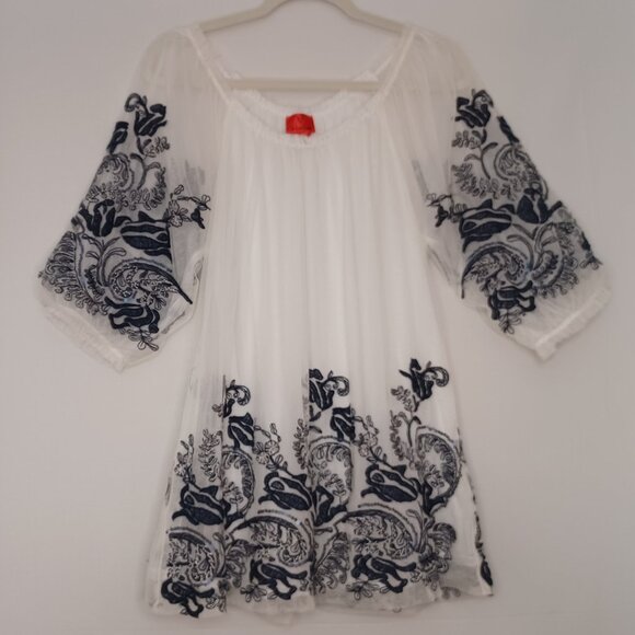 Women's V Cristina White Sheer w/white lining & blue floral embroidery Boho Med - Picture 1 of 9
